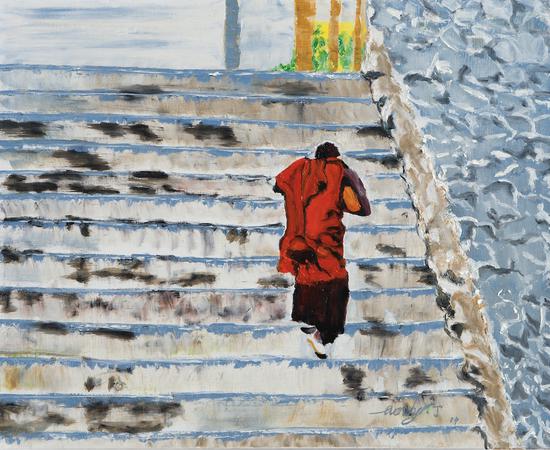 石阶上的僧人，布面油画，2019， 500 x 600mm
