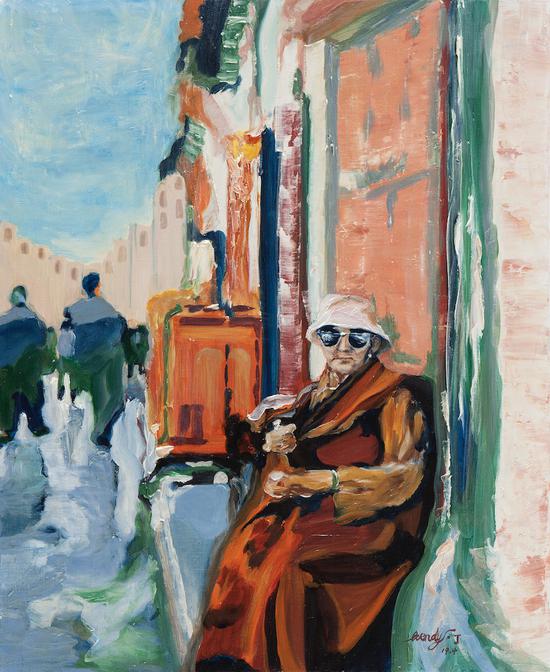 坐在街边的老奶奶，布面油画，2019，600 x 500mm