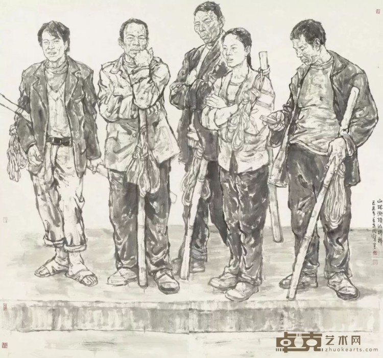 《山城街头的棒棒》 王世明 200x200cm 2009年 纸本水墨