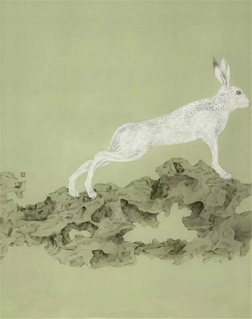 《云石与野兔01》72×57cm 绢本 2013年（展览作品）