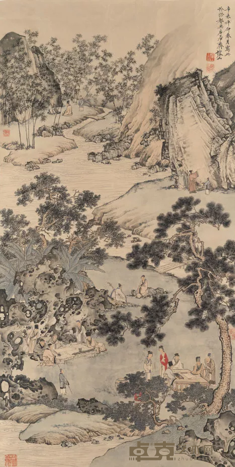 《西园雅集图·拟陈少梅笔意》 张榕山 66x132cm 1991年