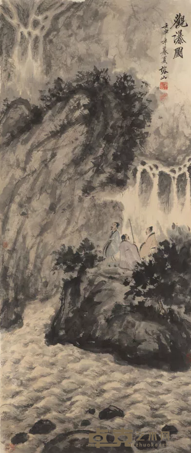 《观瀑图·拟傅抱石笔意》 张榕山 140x58cm 1992年