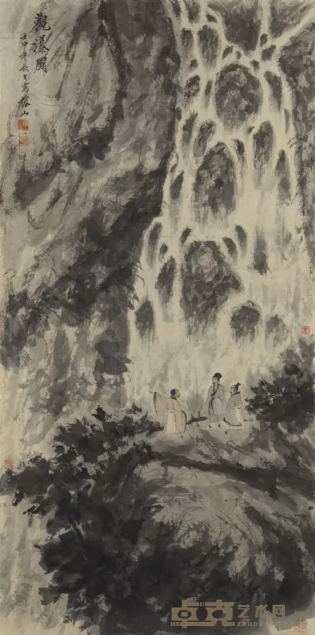 《观瀑图·拟傅抱石笔意》 张榕山 140x58cm 1992年