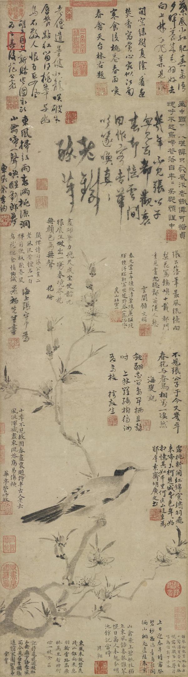 《桃花幽鸟图》轴，元，张中绘，纸本墨画，112.2 x 31.4cm，台北故宫博物院。
