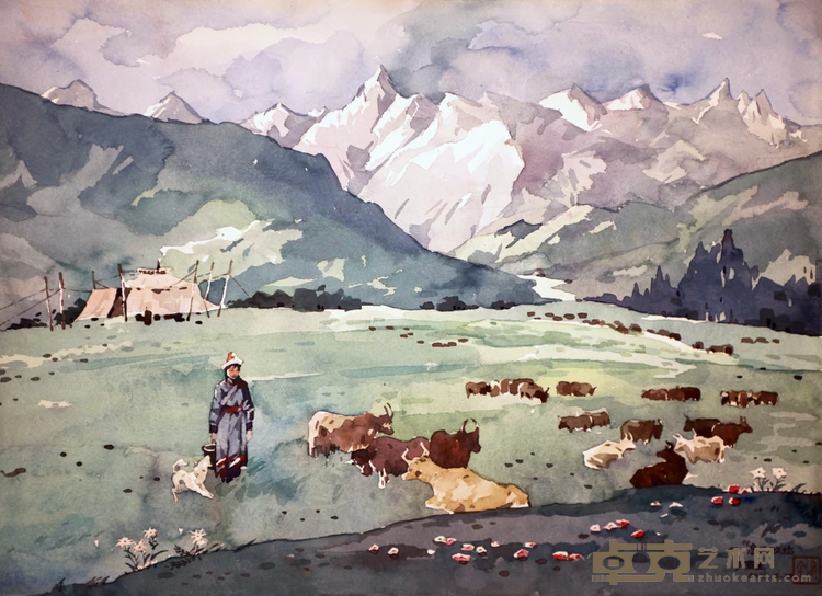 《高原牧场》 胡有全 395x545cm 2013年 水彩