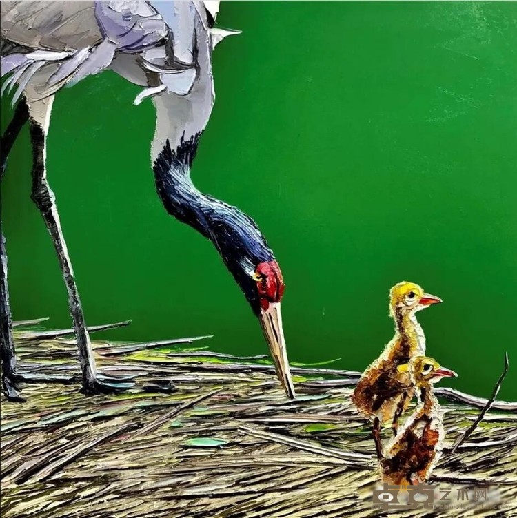 《黑颈鹤母子》 洪浩昌 80x80cm 2020年 布面油画