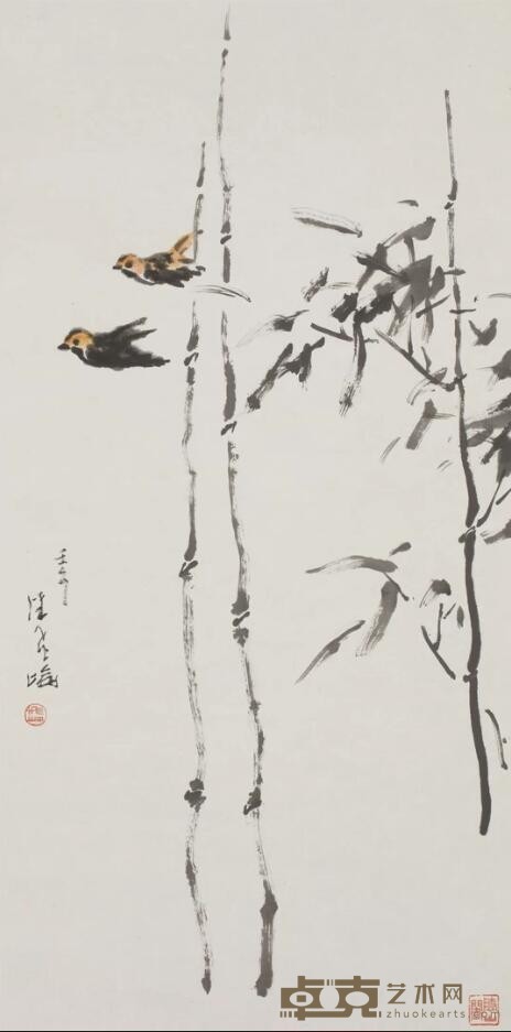 《疏竹双鸟》 潘飞仑 138x69cm 2002年