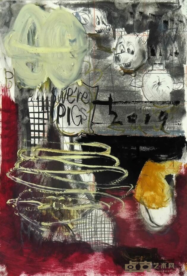 《We Are Pigs》 宋元元 39.5x57.5cm 2019年 纸上油彩,木炭,铅笔,油漆 Charcoal, pencil, paint and acrylic on the paper