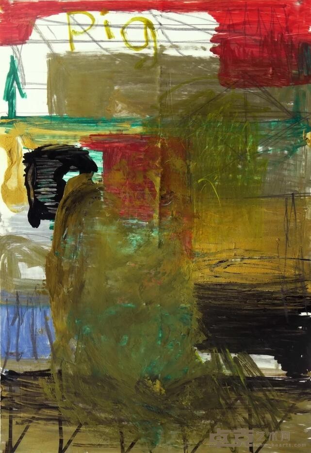 《Pig》 宋元元 27.5x39cm 2019年 纸上油彩,木炭,铅笔,油漆 Charcoal, pencil, paint and acrylic on the paper