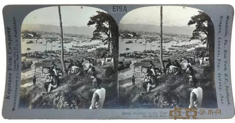 《闽江龙舟节》 岳凯收藏 8.7x17.7cm 光绪三十一年（1905年） 立体照片