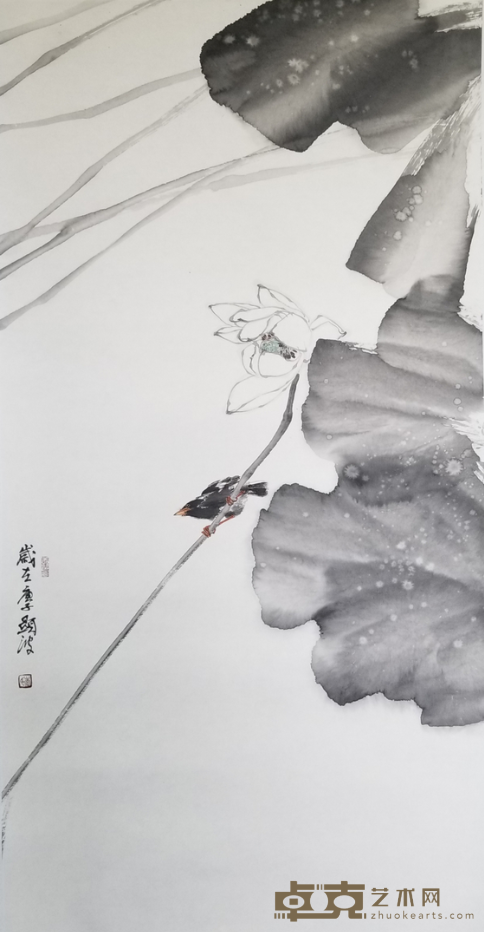 《数点飞来荷叶雨》 李显波 137x68cm 2020年 纸本