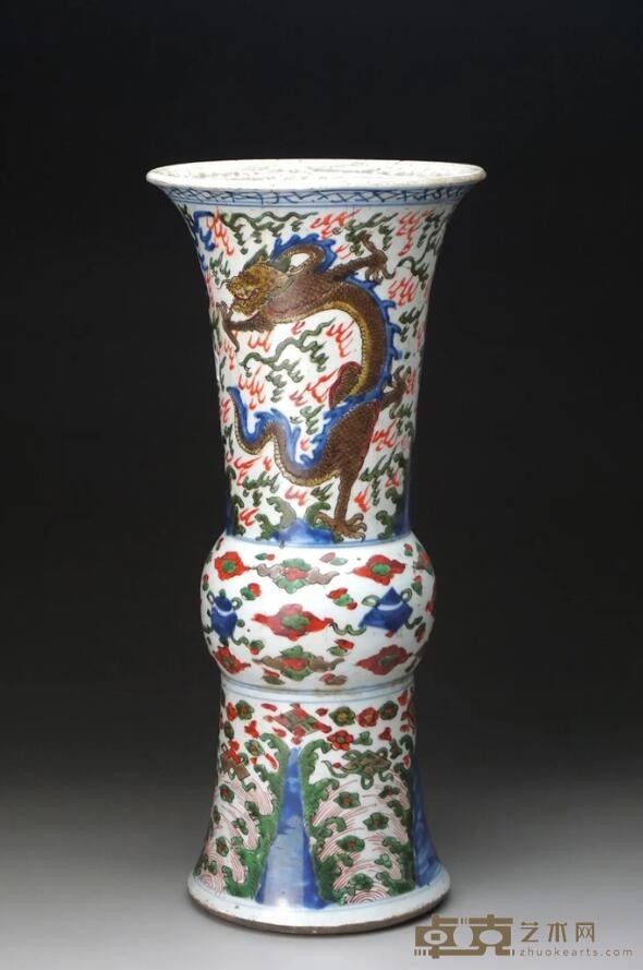《景德镇窑青花五彩云龙纹花觚》 高41cm，口径18cm 明末清初
