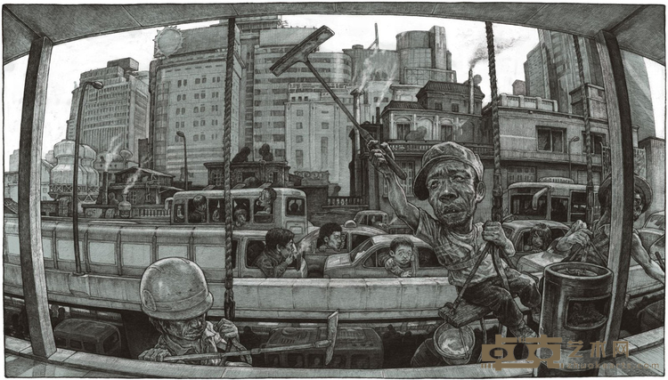 《 上海早上八点六十 8：60 am in Shanghai 》 廖扬 60cm x 100cm 丝网版画