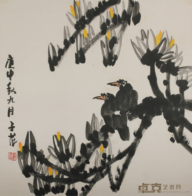 崔子范玉兰八哥图镜片 崔子范