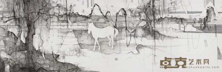 《白马过隙 A white pony 's shadow across a crevice》 林国成 440x150cm 2012年 钢笔毛笔墨水