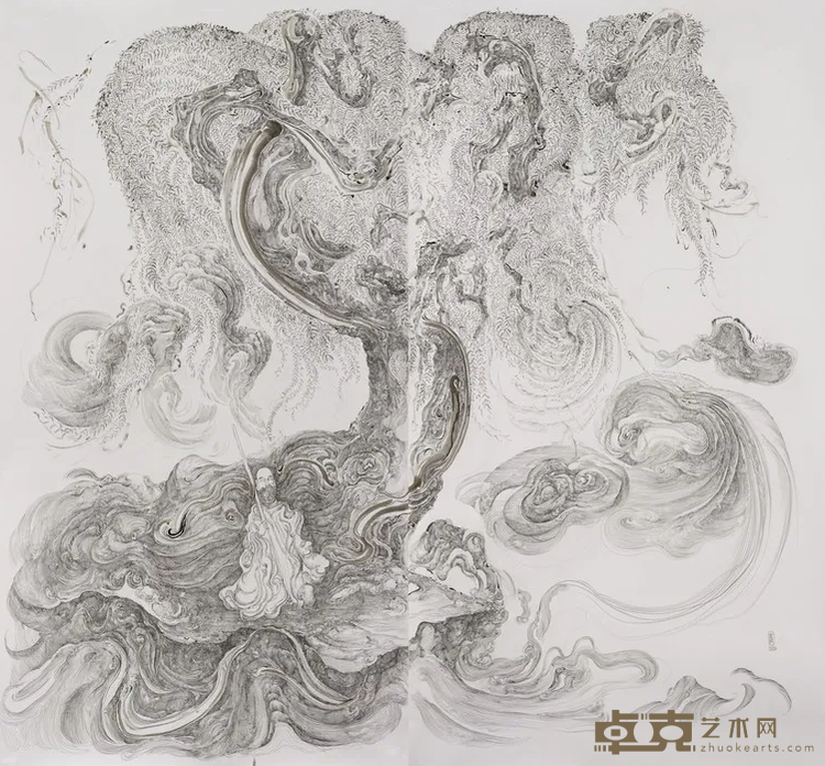《波与褶皱的仿明代佛画 Wave and fold imitating Ming Buddhist painting》 林国成 110x230x2 2020年