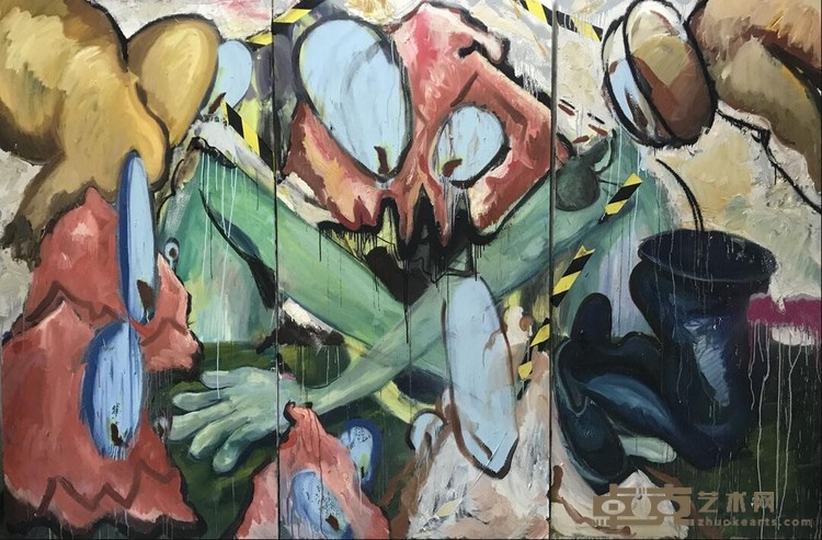 《围成一个圈》 陈镒晗 300x200cm 2018年 布面油画 喷漆 彩色胶带