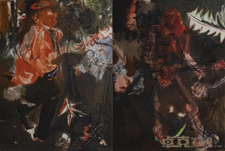 《ParadiseWalk 1#》 朱湘闽 300x200cmx2 2019年 布面油画、木炭、喷漆