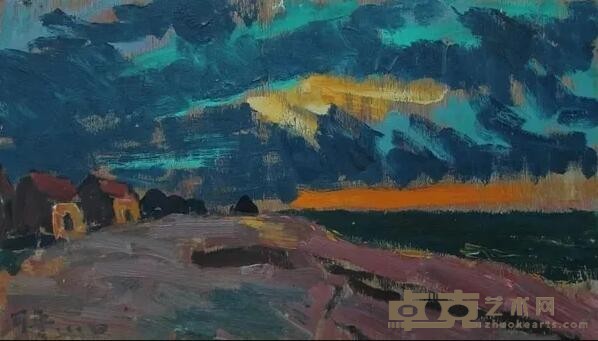 《海边的夕阳》 马可鲁 44.5x26cm 1984年 木板油画