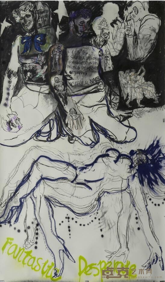 《西洋镜 6》 朱湘闽 150x250cm 2019年 纸本木炭、彩铅、马克笔