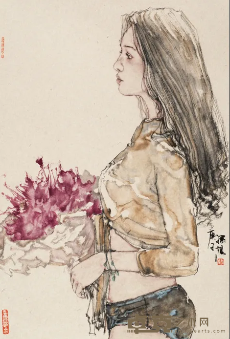 《幽韵·手捧花的女孩》 孙棋 58x39cm 纸本水墨