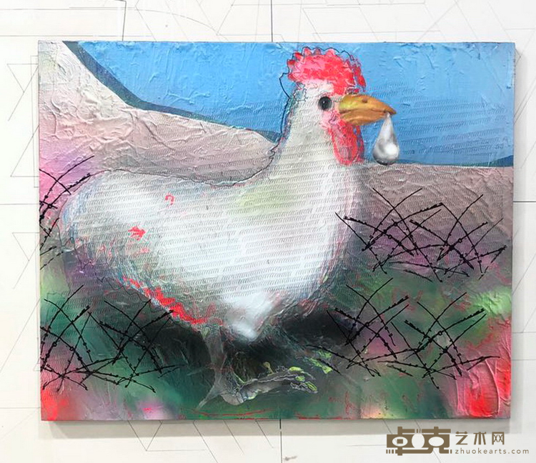 《口渴的母鸡》 白乂乂 80x100cm 2020年 布面喷枪丙烯，数码印，机器绘图