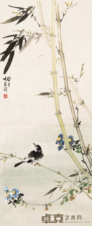 《菊竹小鸟》 张书旂 80x33cm 1953年