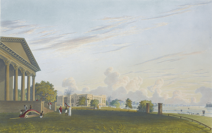 图3.7 罗伯特·哈韦尔，以詹姆斯·贝利·弗雷泽画作韦蓝本《巴拉克普尔官邸与近旁河滩》，出自詹姆斯·贝利·弗雷泽《加尔各答及其近郊景观》，图4，1824-1826