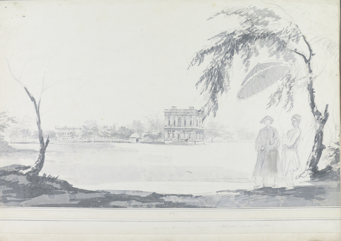 图3.3 威廉·霍奇斯《黑斯廷斯位于阿利普尔的宅邸，前景中有两个人物》约1782