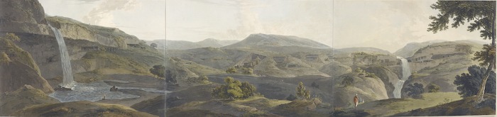 图3.9 托马斯·丹尼尔，以詹姆斯·威尔士画作为蓝本《埃洛拉石窟周围的山脉》，出自《印度埃洛拉石窟的考古发掘》，图-13，1803