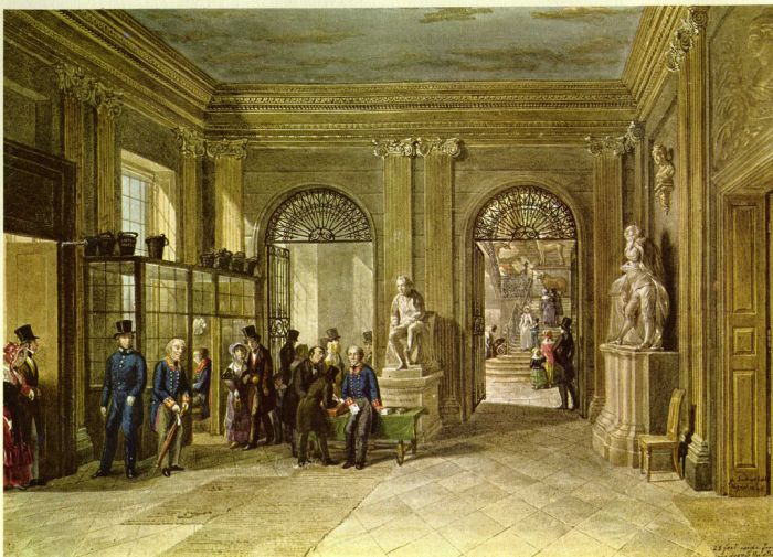 大英博物馆入口大堂，George Scharf 绘，1845 年。