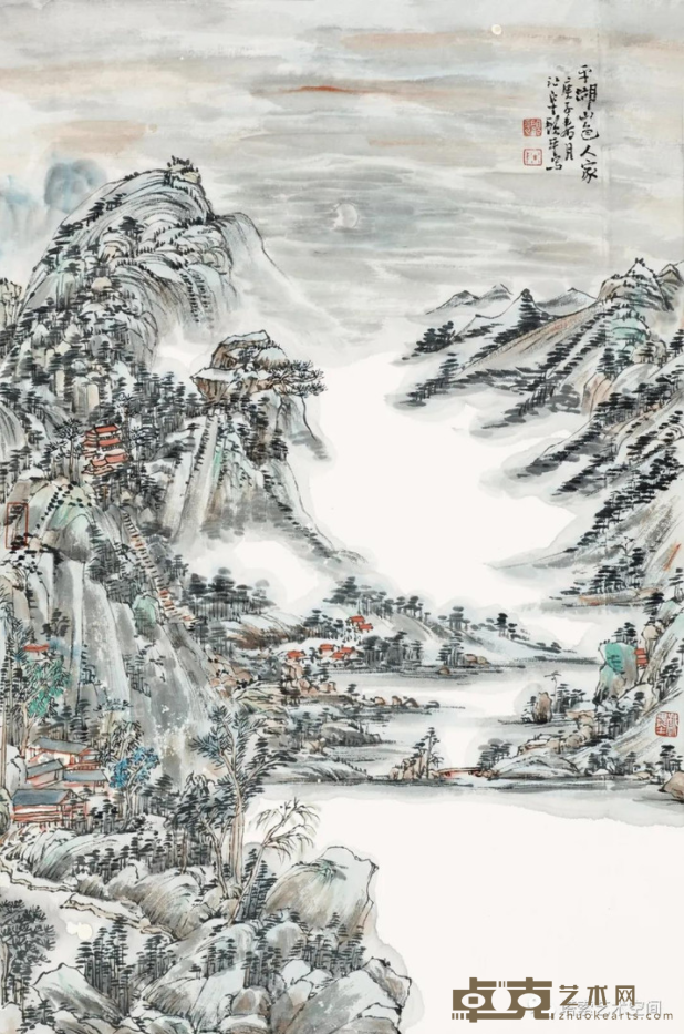 《平湖山色人家》 顾平 68x45cm 设色纸本