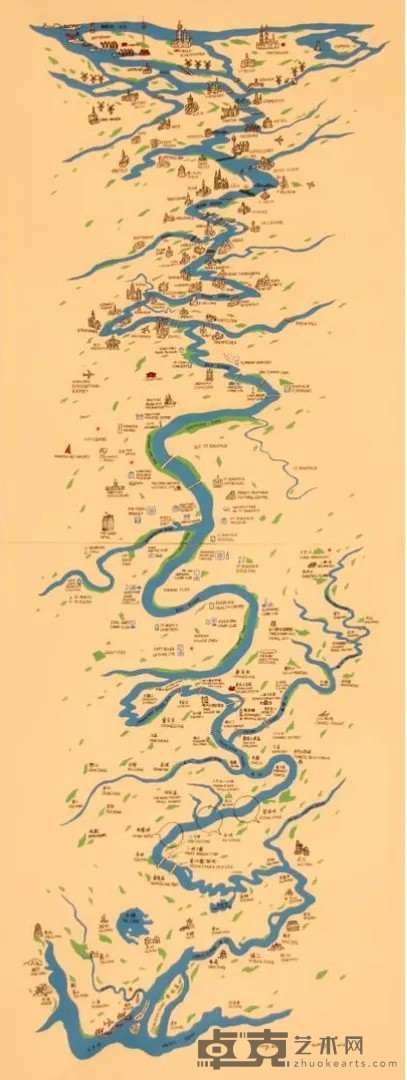 《交融的河流》 顾雄 97x257cm 2008年 手绘地图，纸本丙烯