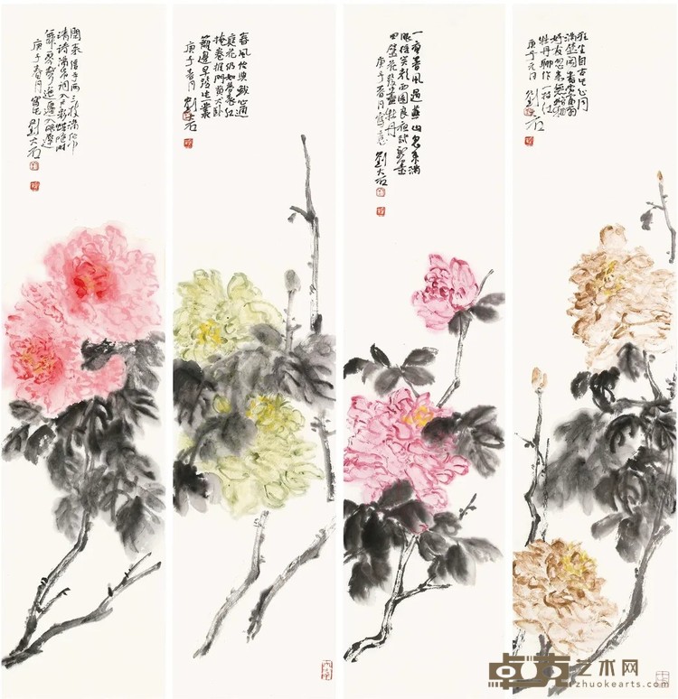 《设色牡丹四屏》 刘大石 纵70厘米，横15厘米 2020年 纸本设色