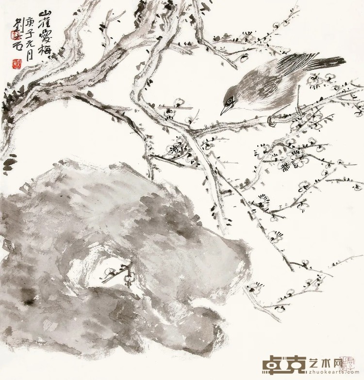 《山雀爱梅》 刘大石 纵34厘米，横33厘米 2020年 纸本水墨