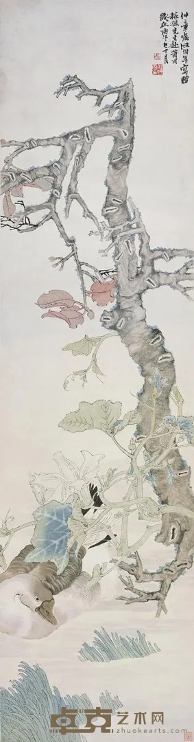 《新秋鹅浴图》 任颐 172.6x95.2cm 清 轴 纸本设色