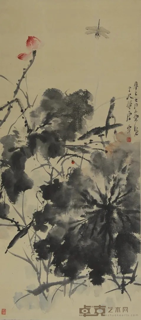 《荷花蜻蜓图》 唐云 110.7x51.9cm 轴 纸本设色