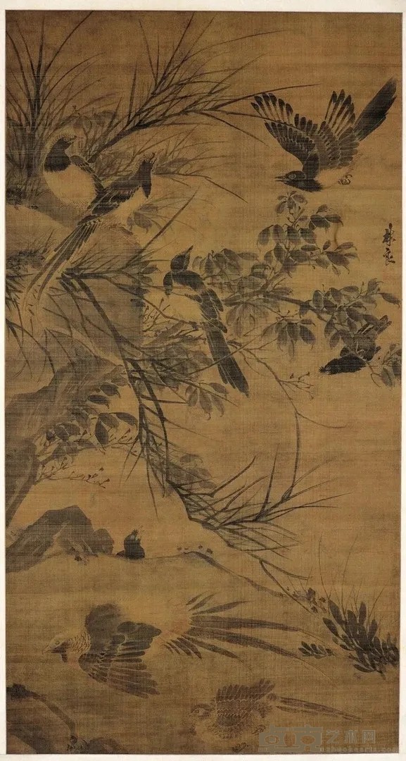《秋坡集禽图》 林良 155.4x82.3cm 明 轴 绢本设色