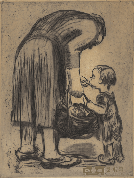 《站着给孩子喂饭的母亲》 凯绥·珂勒惠支 20x15.3cm 1928年 铜板蚀刻版画