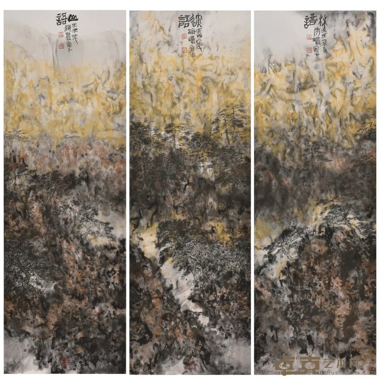 《山语-迹语-林语》三条屏 海岩宿千 60x180cmx3 2021年 纸本水墨岩彩，天然矿物色