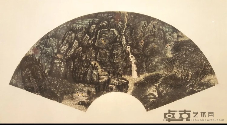 《绿烟洗心情》 海岩宿千 58x26cm 2015年 中国画扇面，纸本镜片