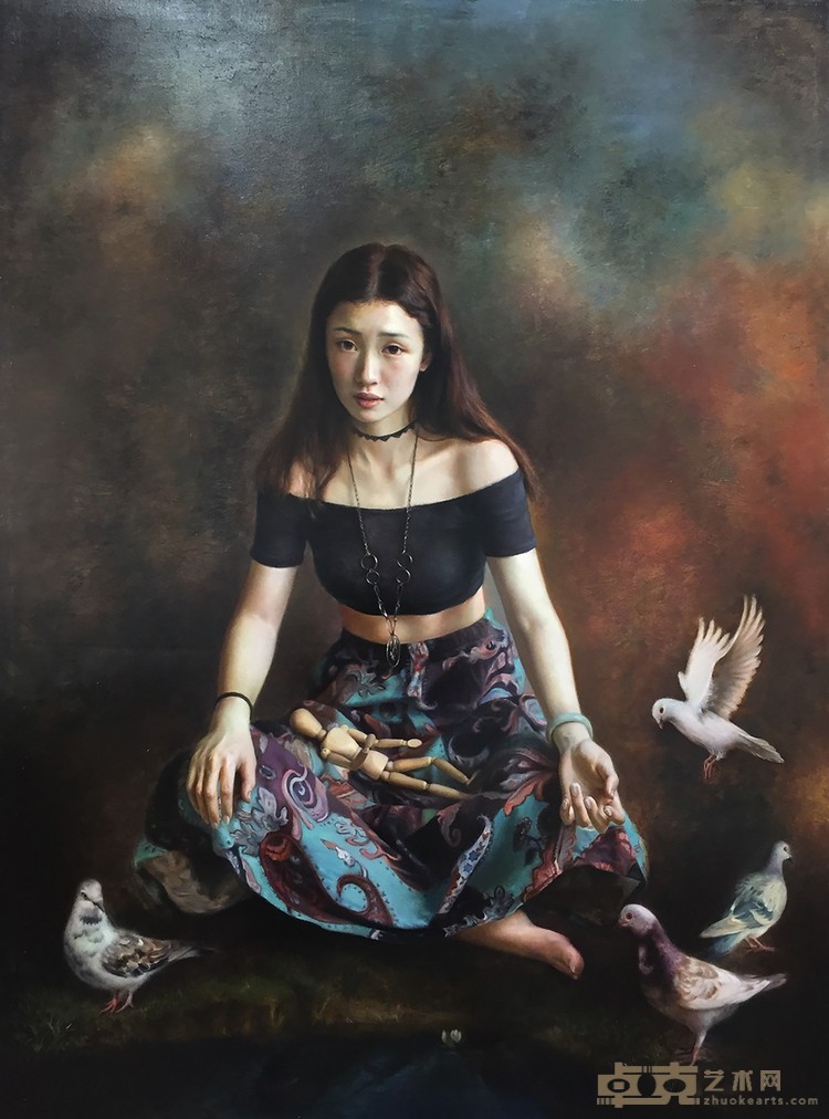 《女孩与鸽子》王强 135x100cm，油画，2019年