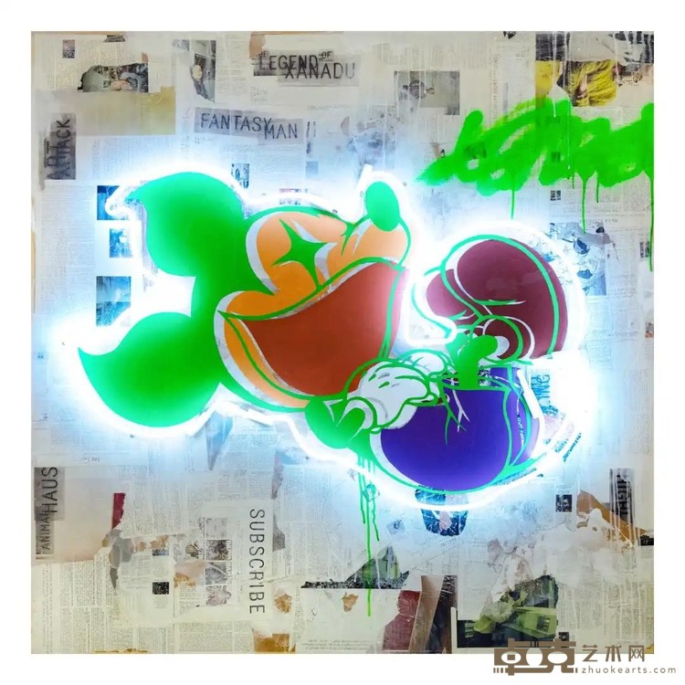 《天真无邪系列-捧腹大笑的米奇I》 池磊 122x122cm 2019年 木板丙烯、综合材料、LED灯管