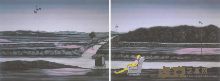 《绿墙：风景与电视》 张晓刚 300x400cmx2 2008年 布面油画
