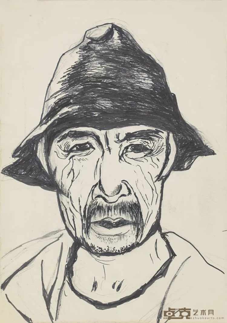 《捕鱼好手张大爷》 梁运清 60×42cm 1961年 水彩纸油性笔