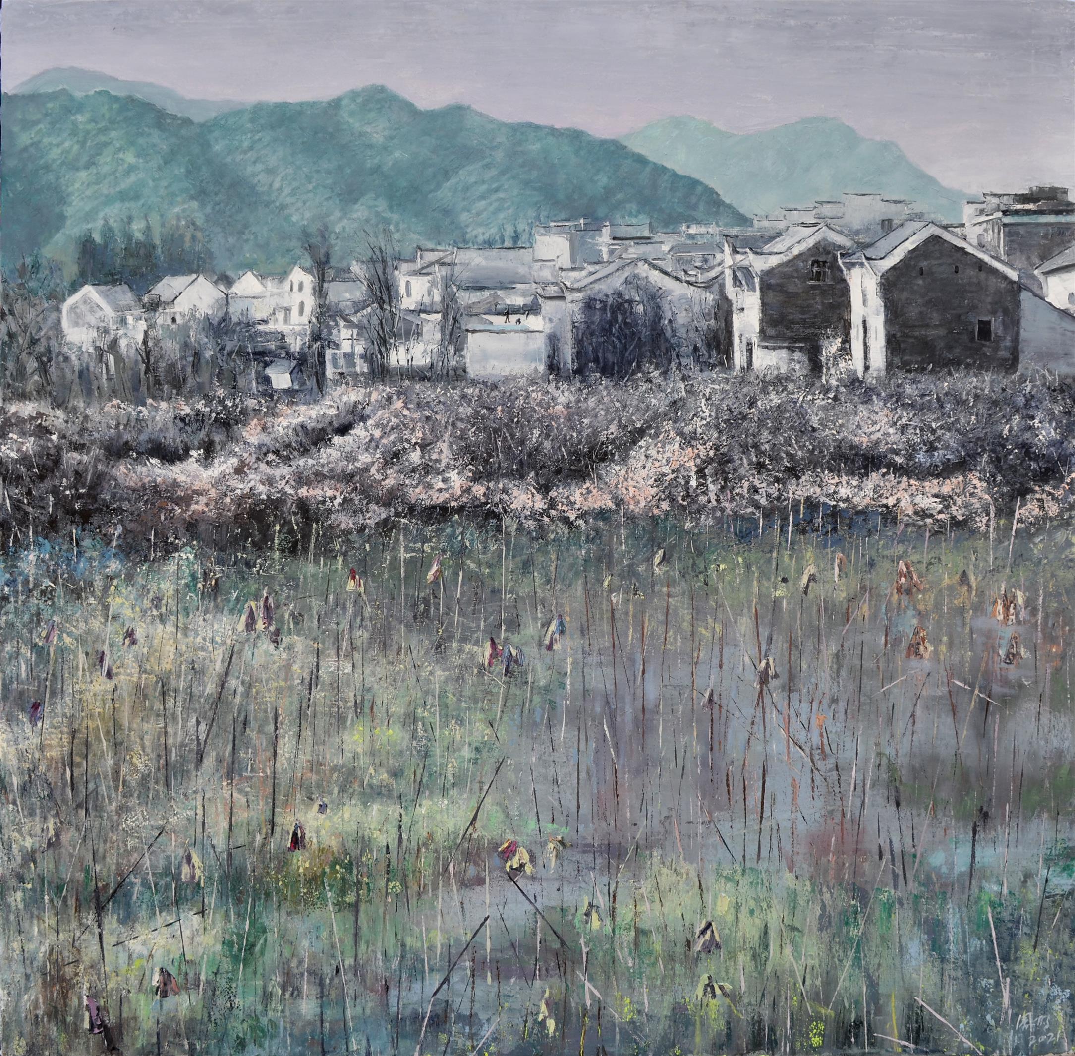 池塘秋荷100×100cm