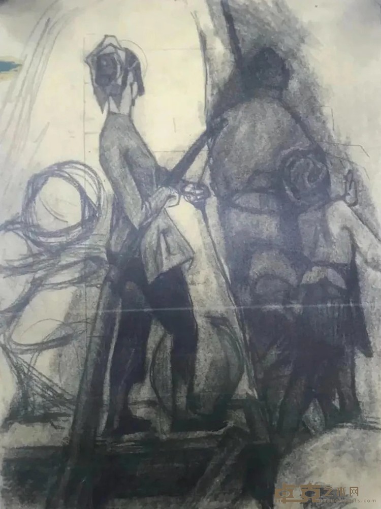 《水乡的记忆》创作构图局部深化稿之3 袁运生 25×19cm 1962年 纸本铅笔