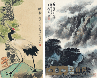 邱受成 为于庾梅作 鹤寿图·松风云气图 87×48cm 68×45.5cm