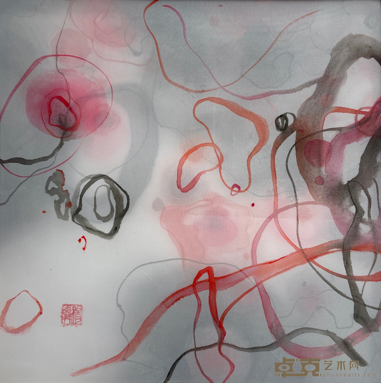 杨舜 Yang Shun《微花园：离合 Micro Garden： Separation and Reunion》宣纸、欧根纱、水墨、丙烯 Xuan paper, organza, ink, and acrylic 30x30cm 2023
