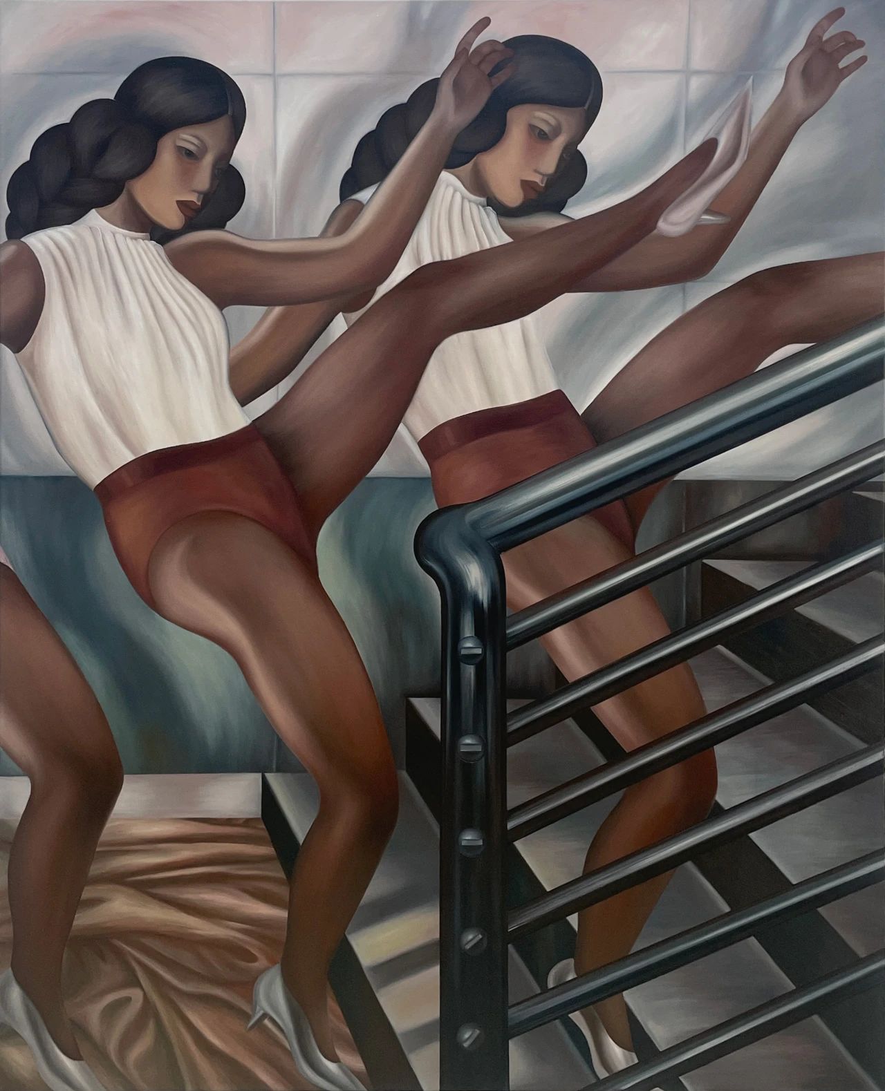 《楼梯上的水晶高跟鞋》，布面油画，150 × 120 cm，2023